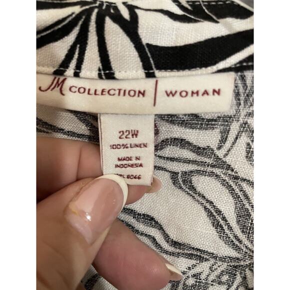 JM Collection Top Jacket 22W Black White Linen Floral Shacket Tunic Button Front - Picture 4 of 5